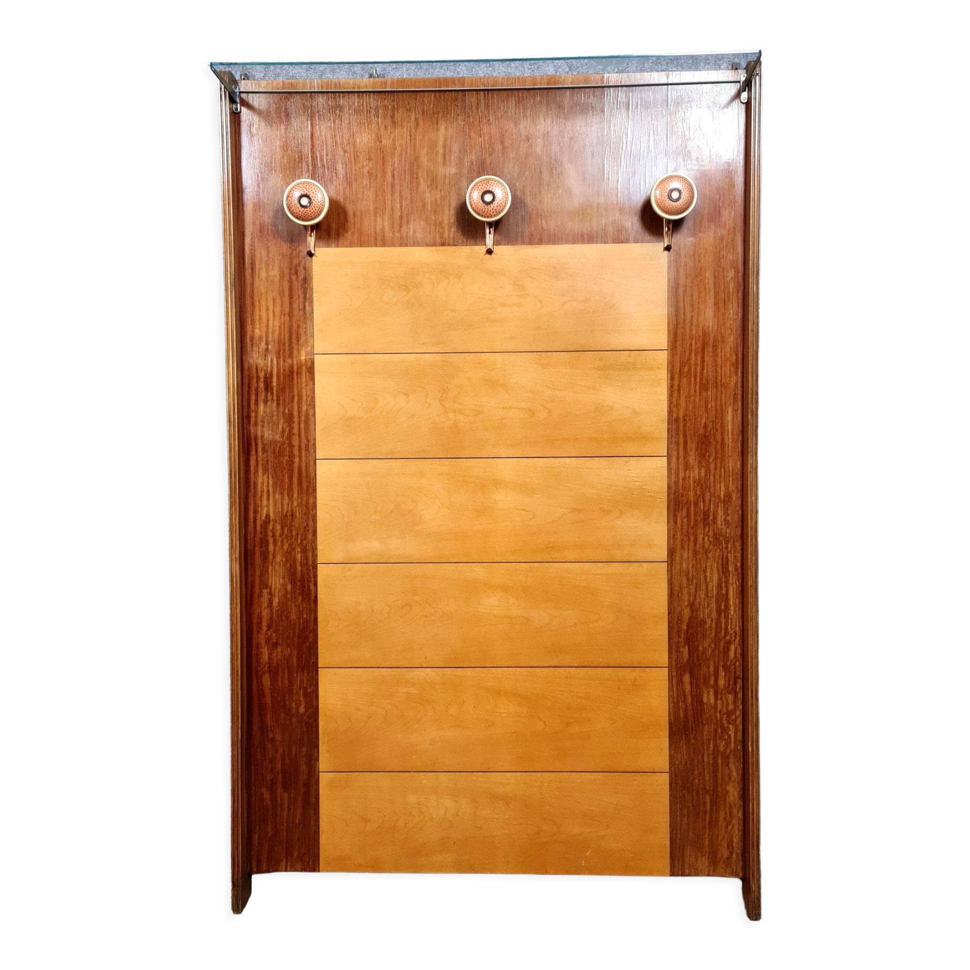 Art deco period coat rack in mahogany and light wood around 1940