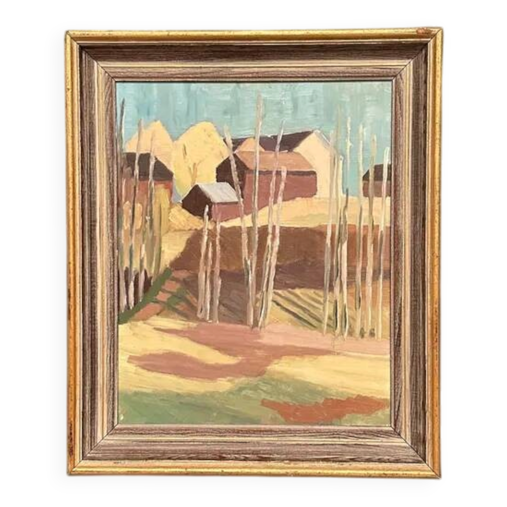 Original Swedish Oil on Panel – "Huts Behind the Trees" – Signed – Vintage & Framed – 51 × 43 cm (20.1" × 16.9")