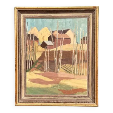 Original Swedish Oil on Panel – "Huts Behind the Trees" – Signed – Vintage & Framed – 51 × 43 cm (20.1" × 16.9")