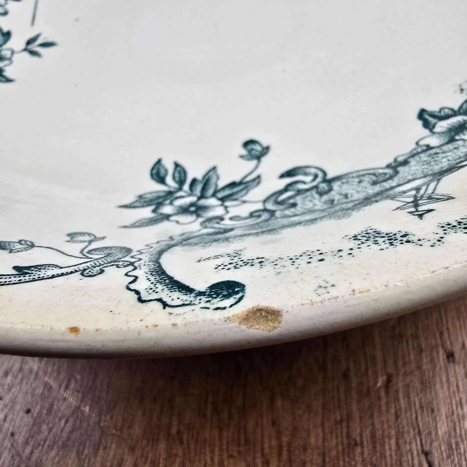 Antique compote dish Faïencerie de Lyon Marine, ironstone with blue-green decoration, 19th century.