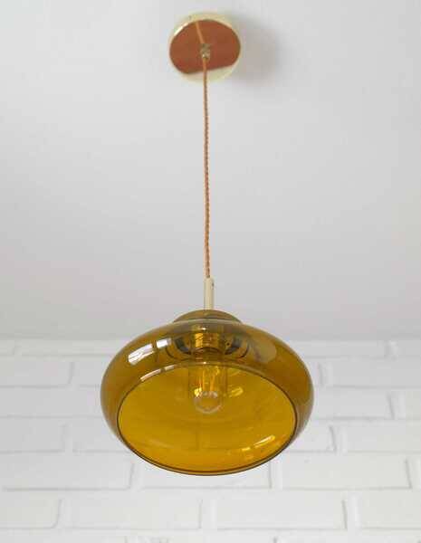 Hand-blown amber glass pendant light: MCM retro bar golden hanging lamp