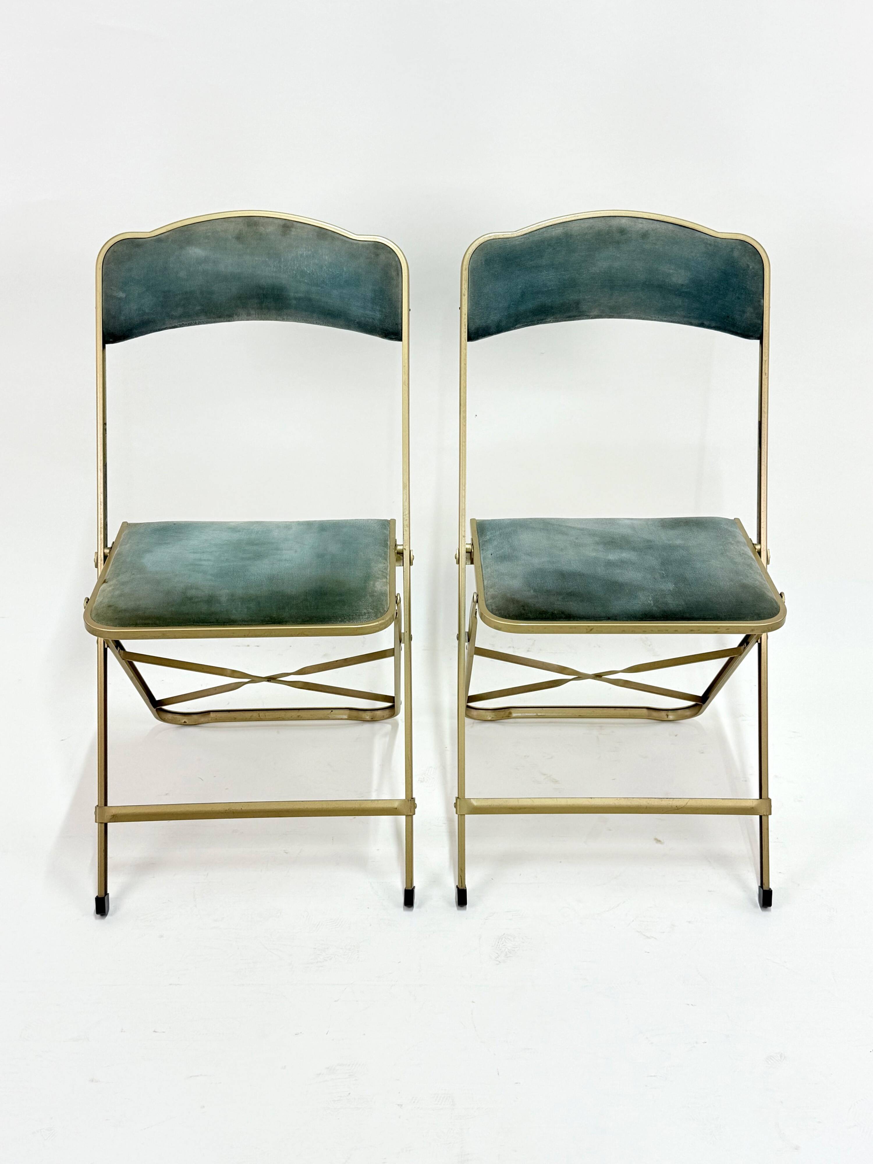 Old pair of chaisor folding chairs - metal & velvet - vintage 60's 70's