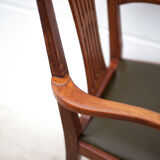 Art Nouveau armchair, wooden armchair with green leather seat, guimard style legs, living room, library
