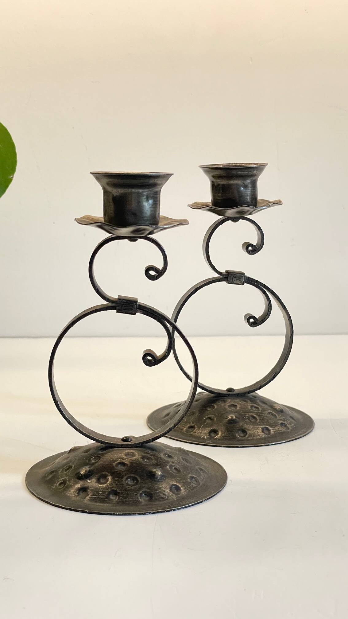 Vintage Black Patina Metal Candlesticks