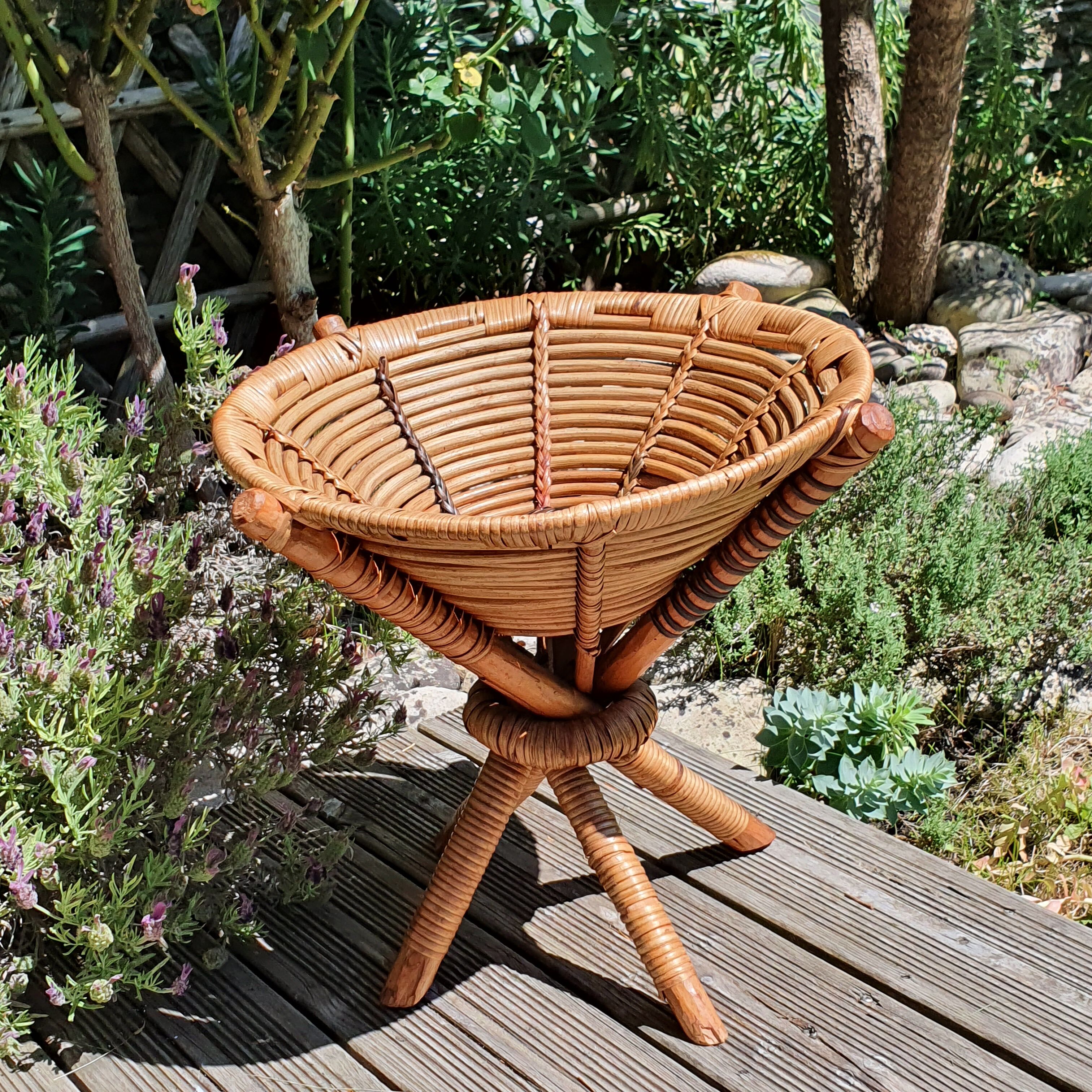 Basket on wooden and woven wicker legs 1950