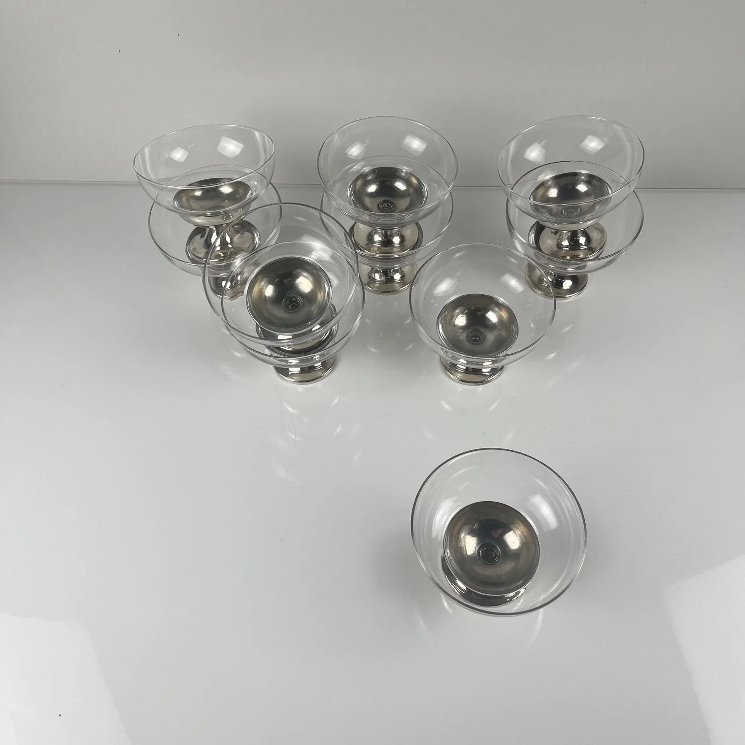 Set of 10 dessert / ice cream bowls, in glass and metal (silver?), 1970.
