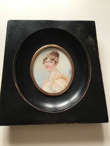 Hand-painted miniature of Empress Josephine de Beauharnais in black wooden frame