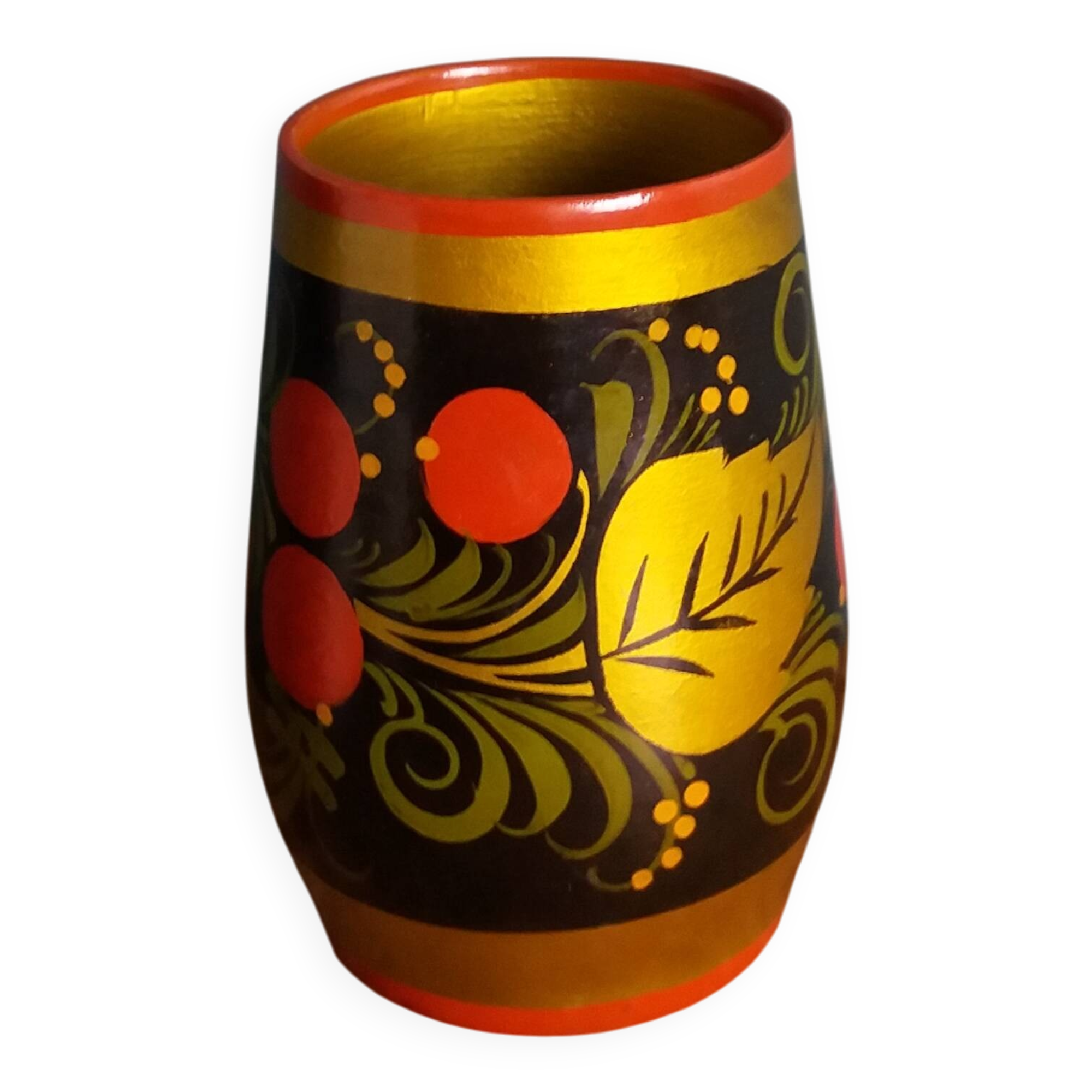 Khokhloma vase, Russian lacquered wood craftsmanship, hand-painted decoration.