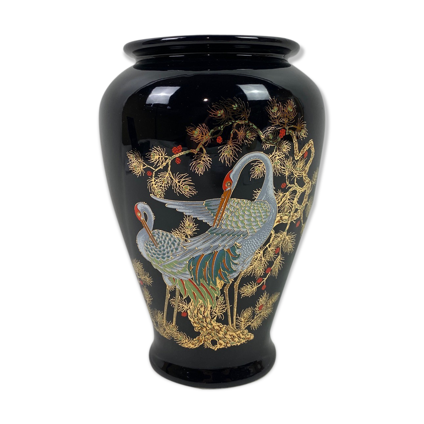 Black ceramic vase herons Made In Italy 20cm