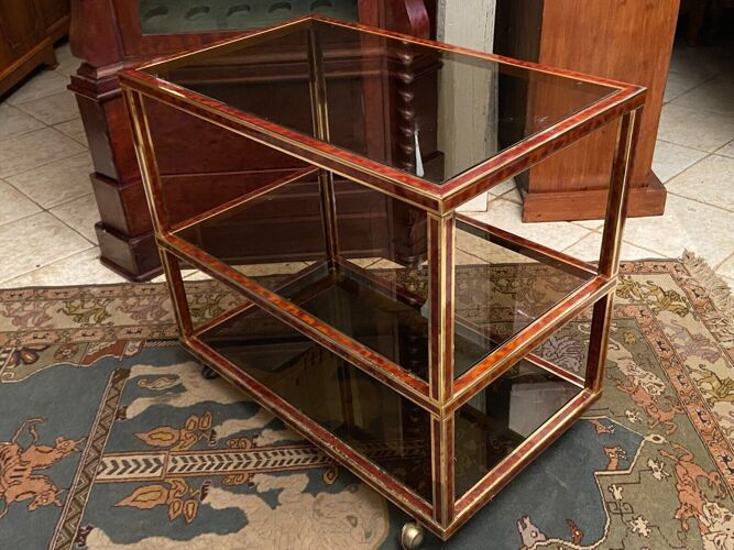 Table desserte servante 3 niveaux métal doré laqué verre fumé design 1970