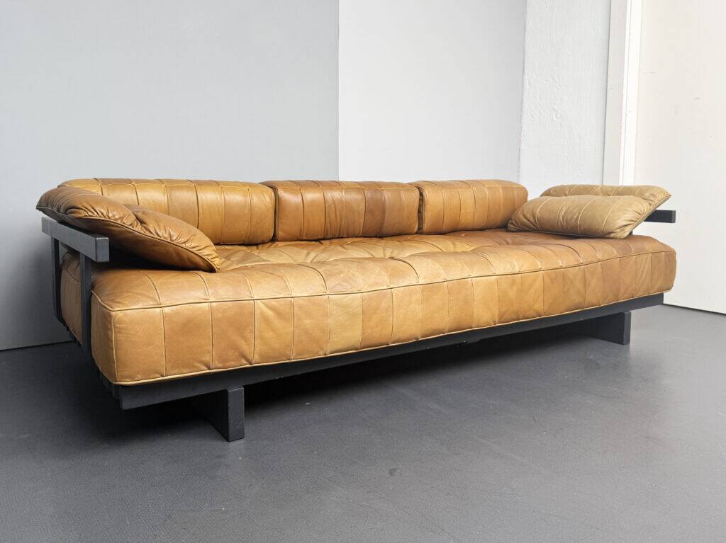 DS 80 daybed, patchwork sofa with armrests in cognac leather by De Sede, Switzerland, 1980s