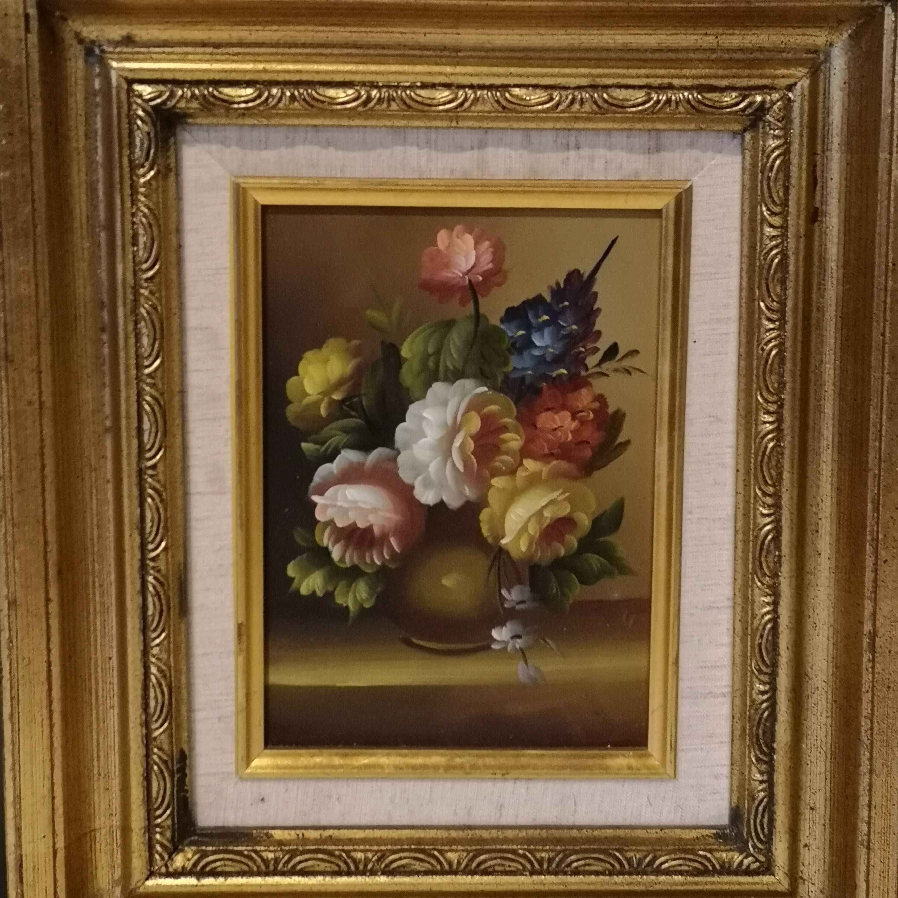 Paire de tableau nature morte sur bois bouquet de fleurs vintage