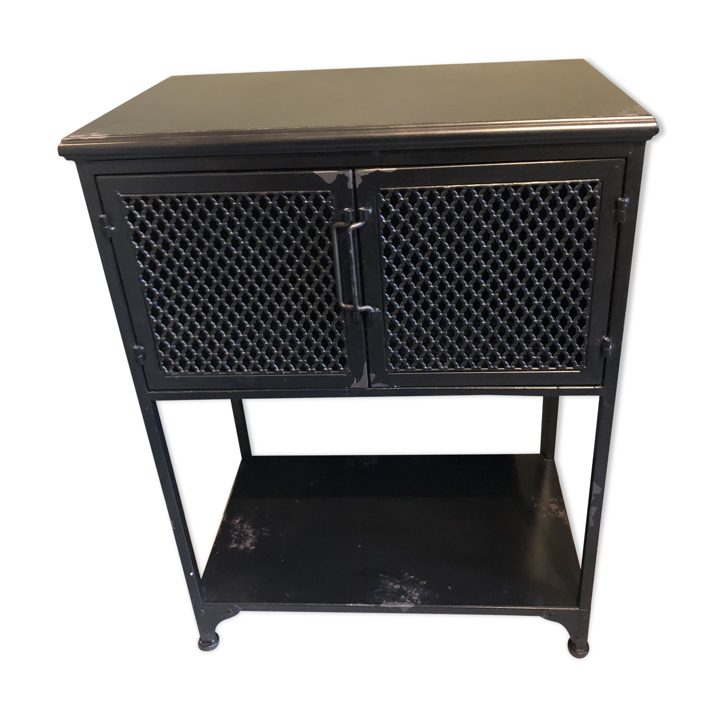 Black industrial glass cabinet with Louvre doors
