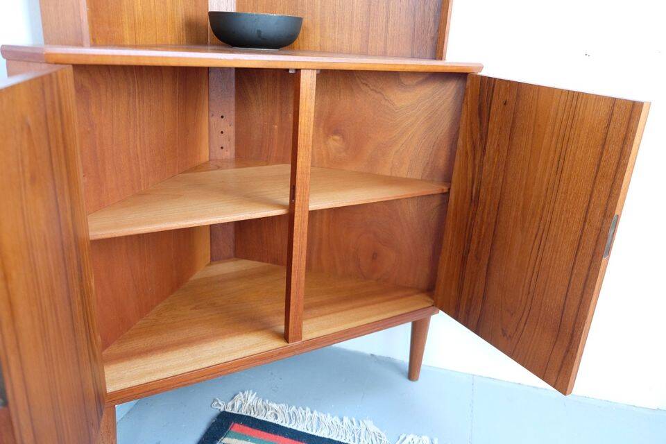 Vintage Danish teak corner cabinet, retro 1960s style.