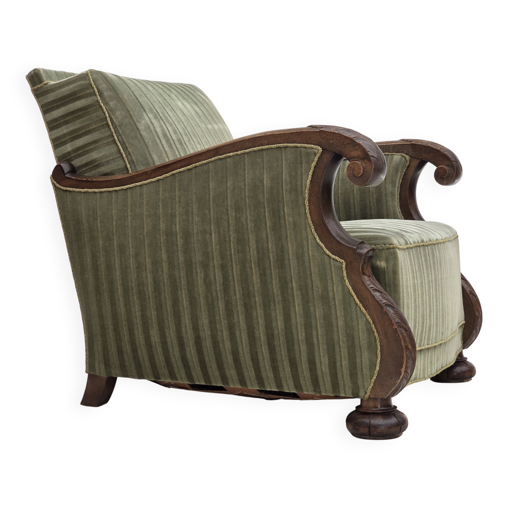 1950s, Danish relax armchair, green furniture velour, carved oak wood.