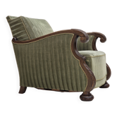 1950s, Danish relax armchair, green furniture velour, carved oak wood.
