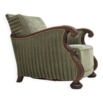 1950s, Danish relax armchair, green furniture velour, carved oak wood.