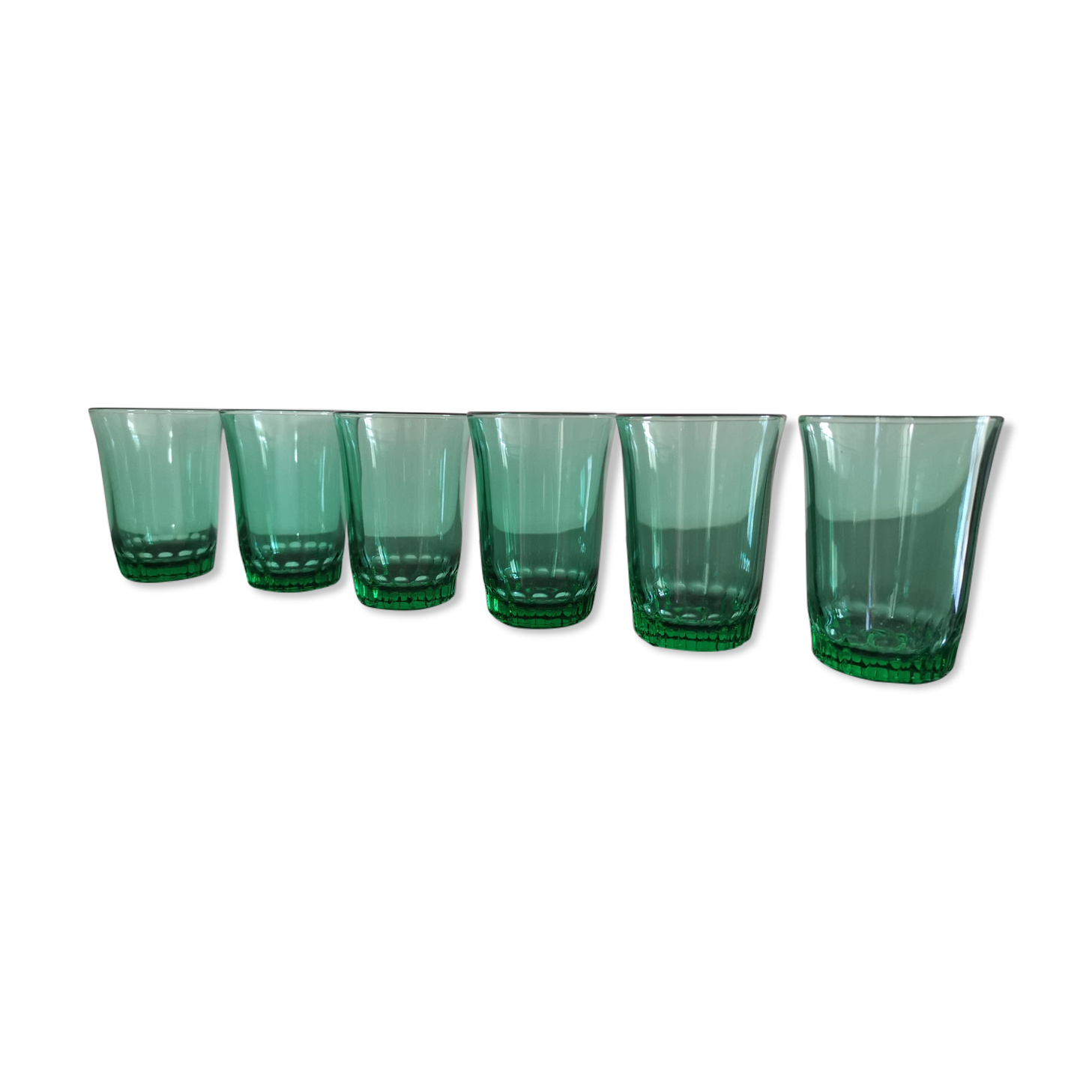 6 old emerald green water glasses