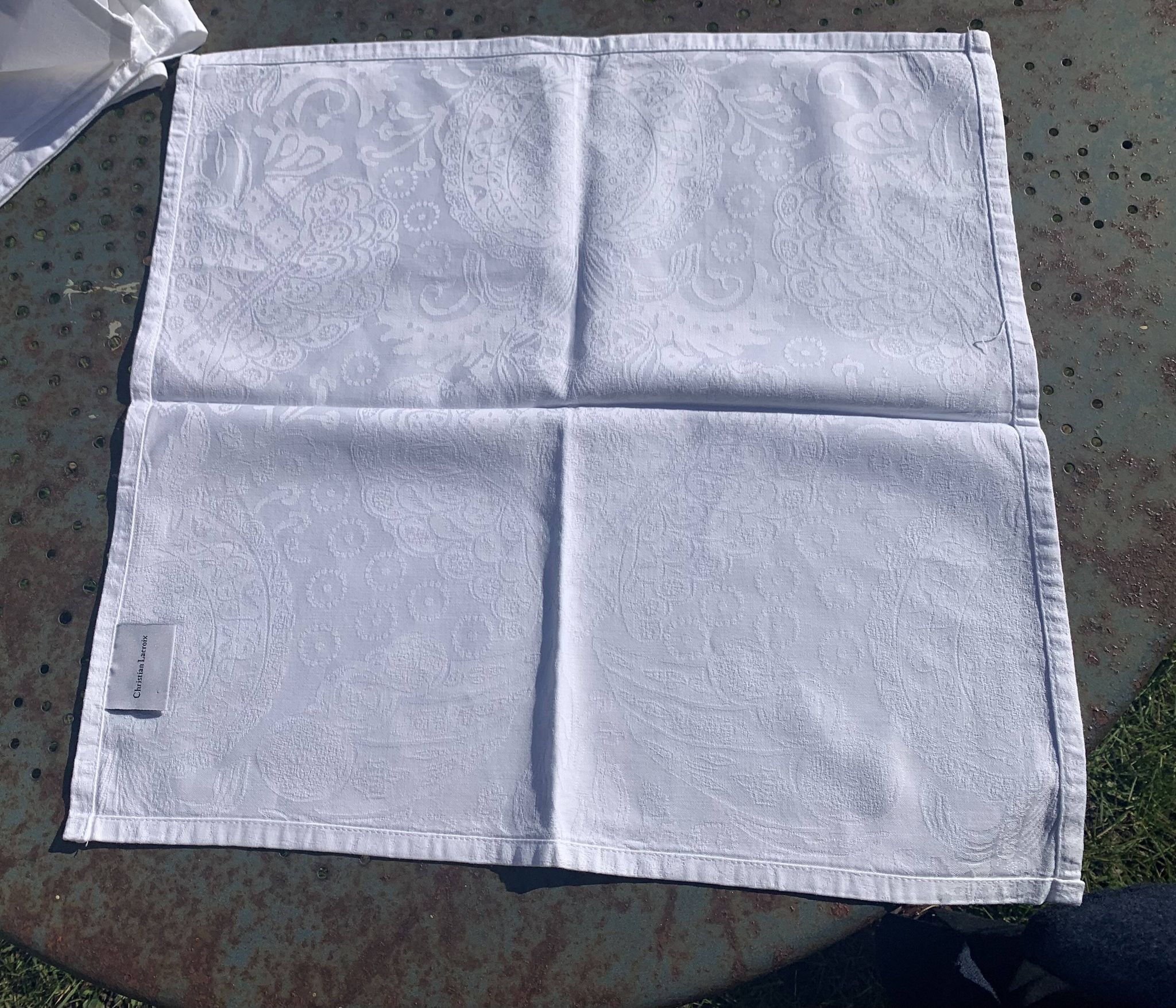 7 white damask cotton napkins, Christian Lacroix, vintage