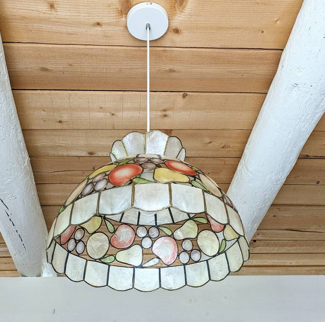 Vintage mother-of-pearl and brass pendant light.