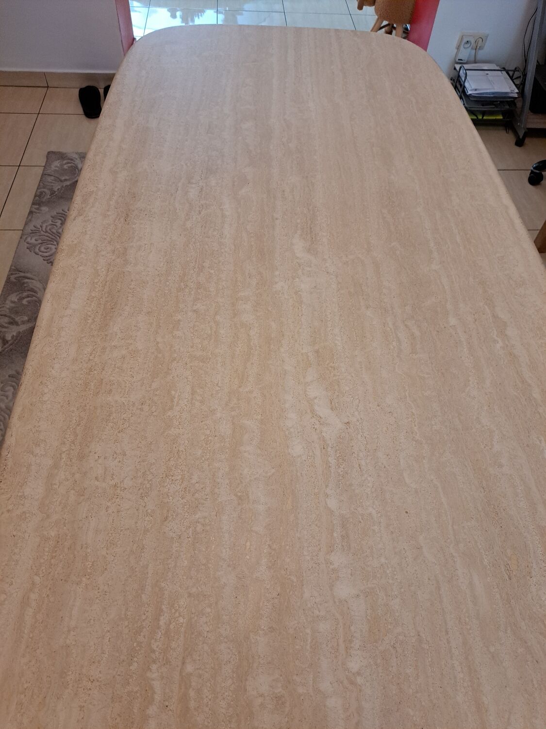 Travertine dining table.