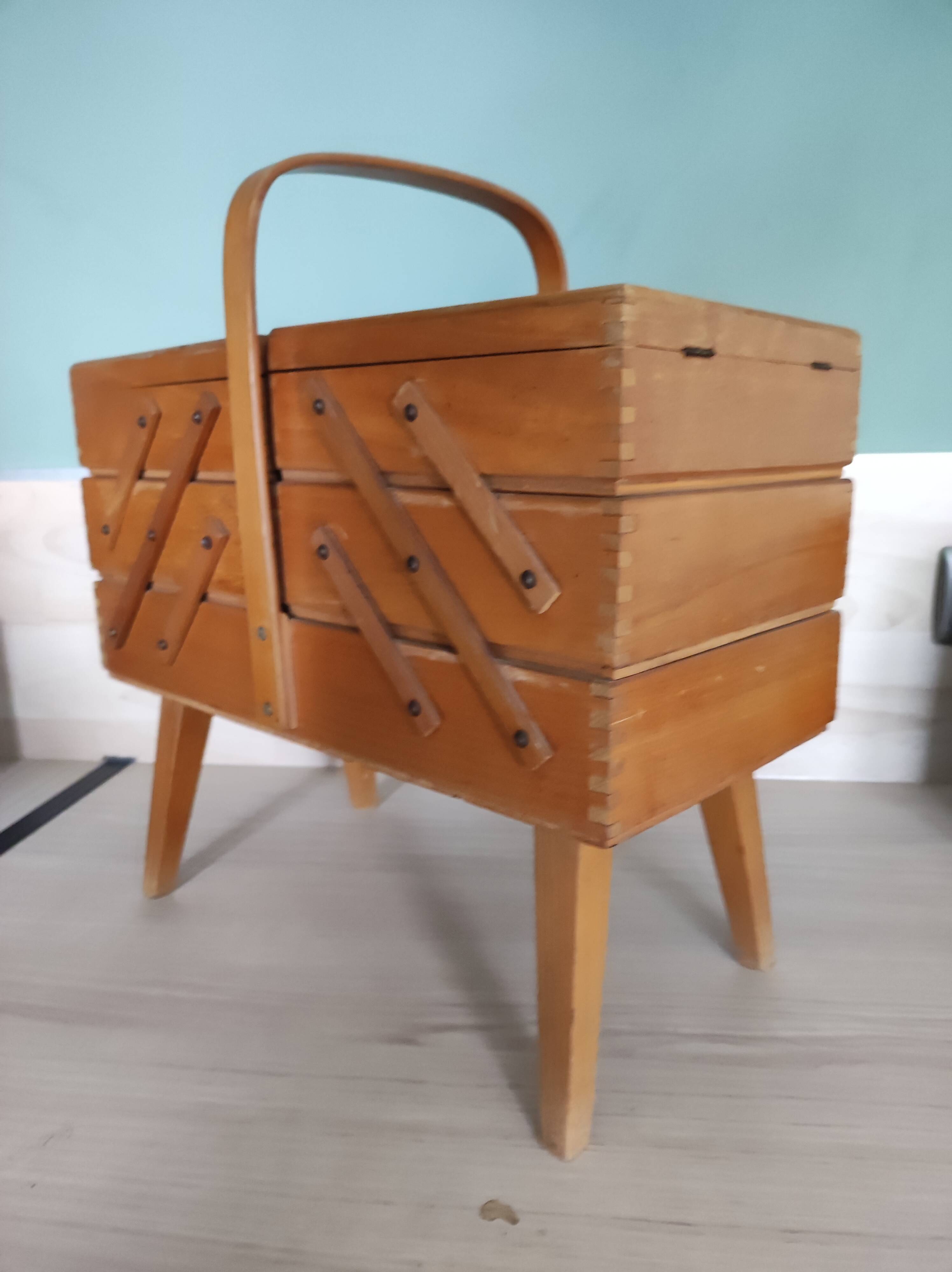 Sewing box worker wood feet compass vintage Scandinavian style