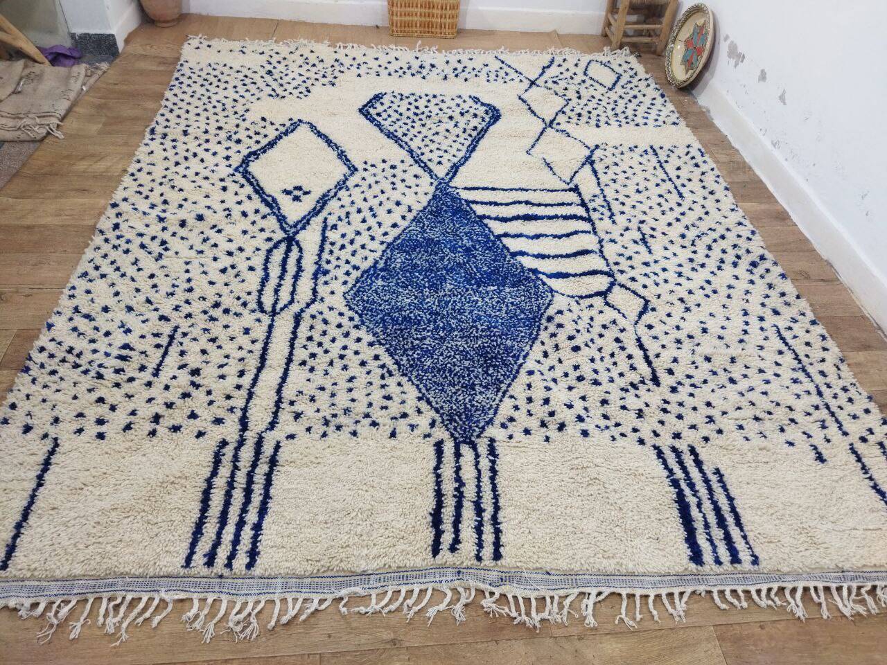 Vintage Azilal rug 310x246 cm - Blue geometric patterns