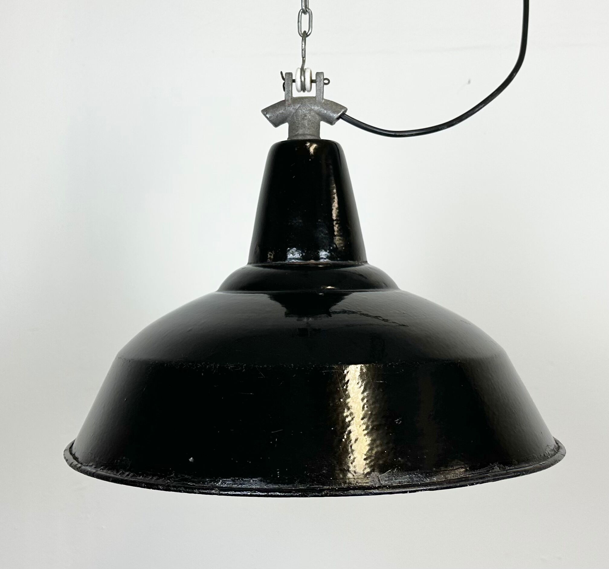 Industrial Black Enamel Factory Lamp with Cast Iron Top, 1960s