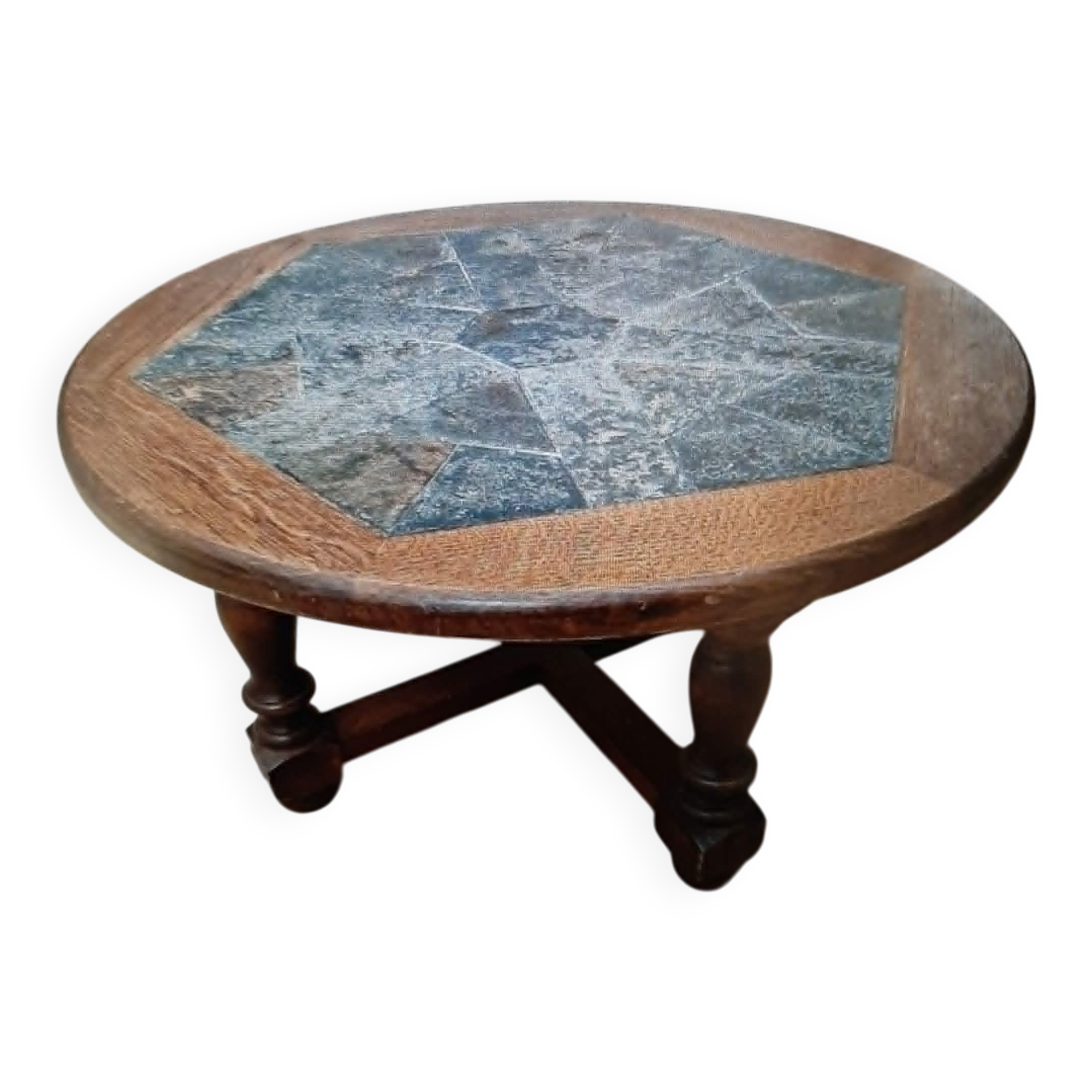 Round coffee table in solid oak and slate / signed Motard