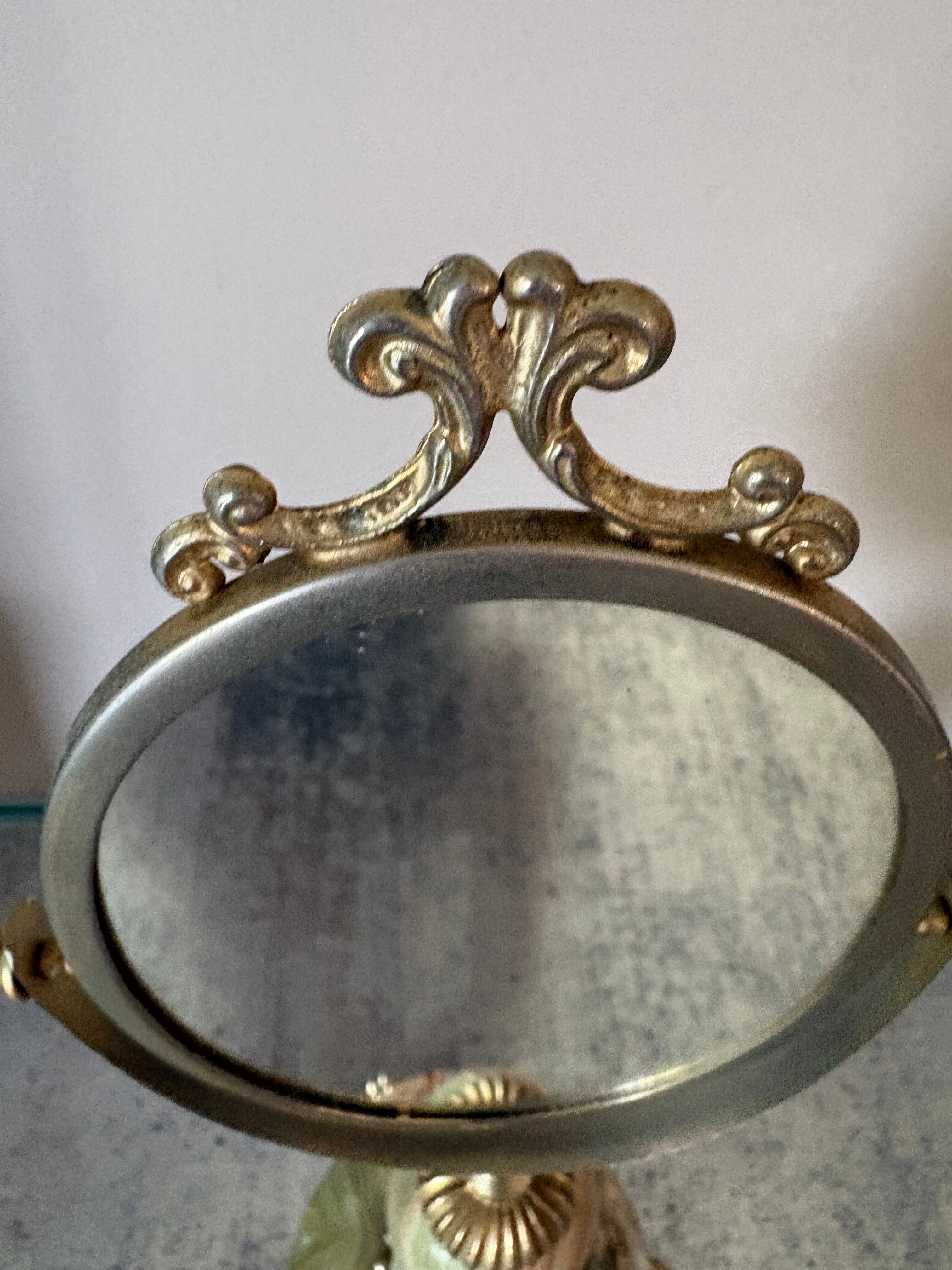 Miroir de table vintage en onyx vert et laiton doré