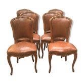 Suite de six chaises en noyer avec assises cuir, style Louis XV