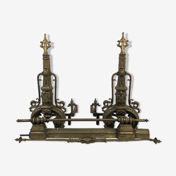 Lot of a pair of chenets and front of gilded bronze fireplace, nineteenth
