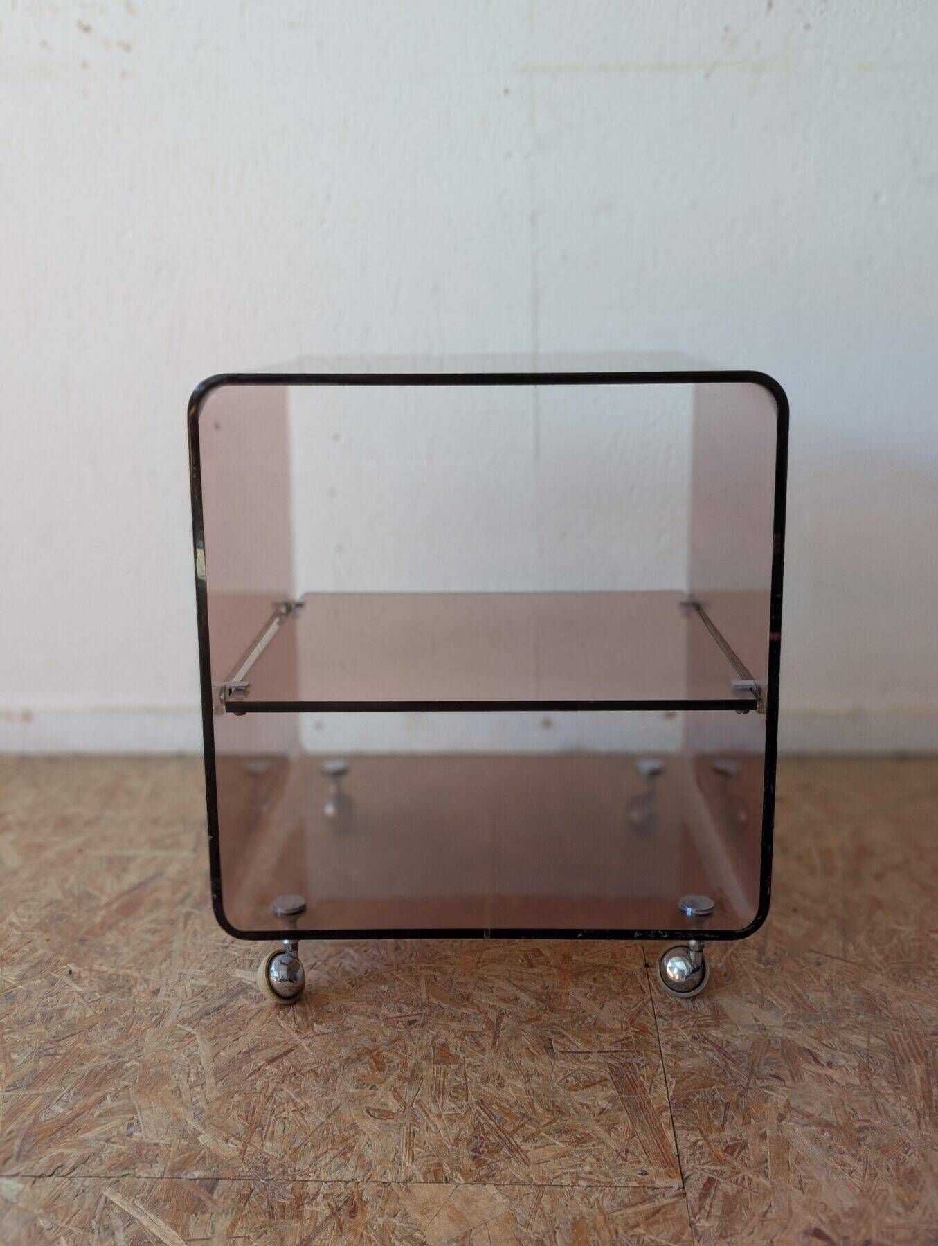 Pair of vintage smoked plexiglass bedside tables or accent furniture.