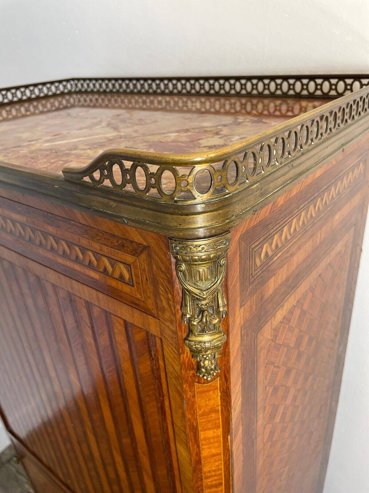 Louis XVI music cabinet, marquetry, brass gallery, marble top