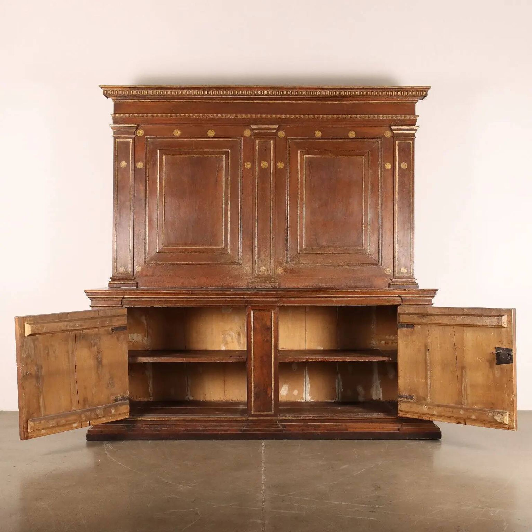 Antique walnut sideboard with shelf, Italy, 17th century