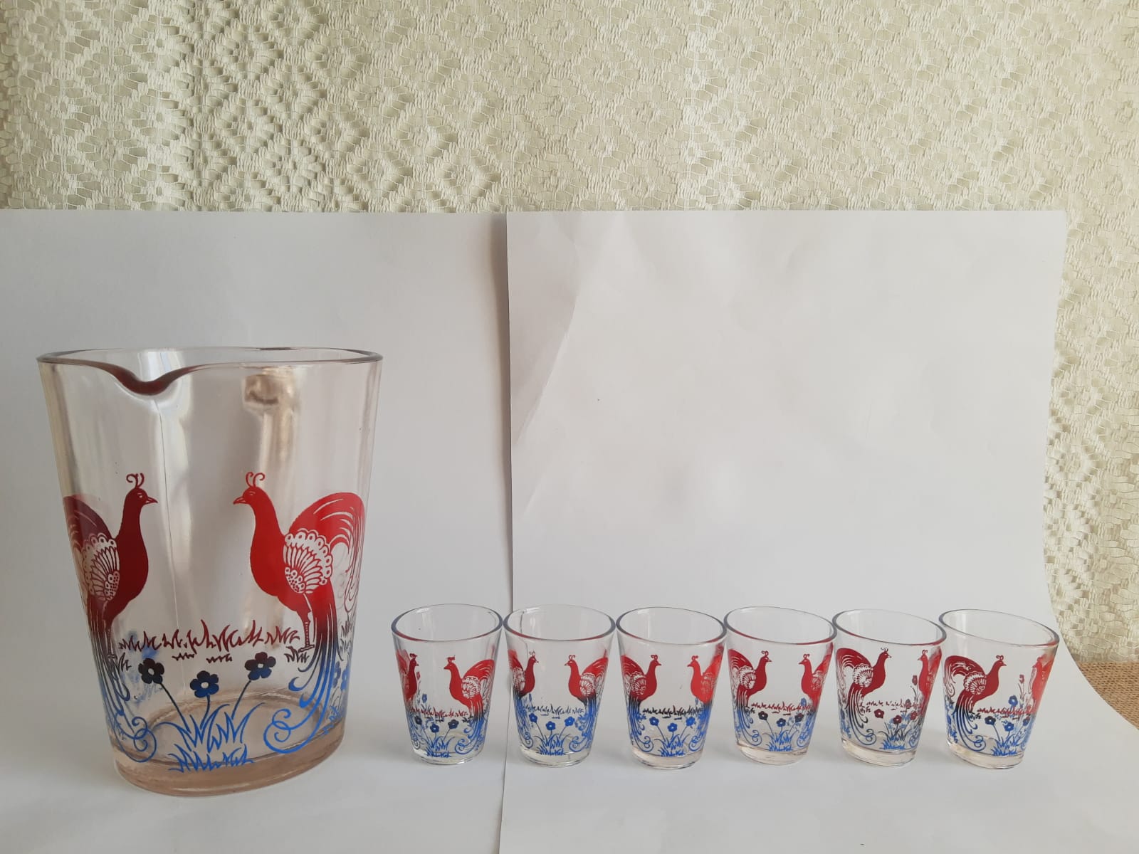Pitcher and 6 vintage peacock liqueur glasses