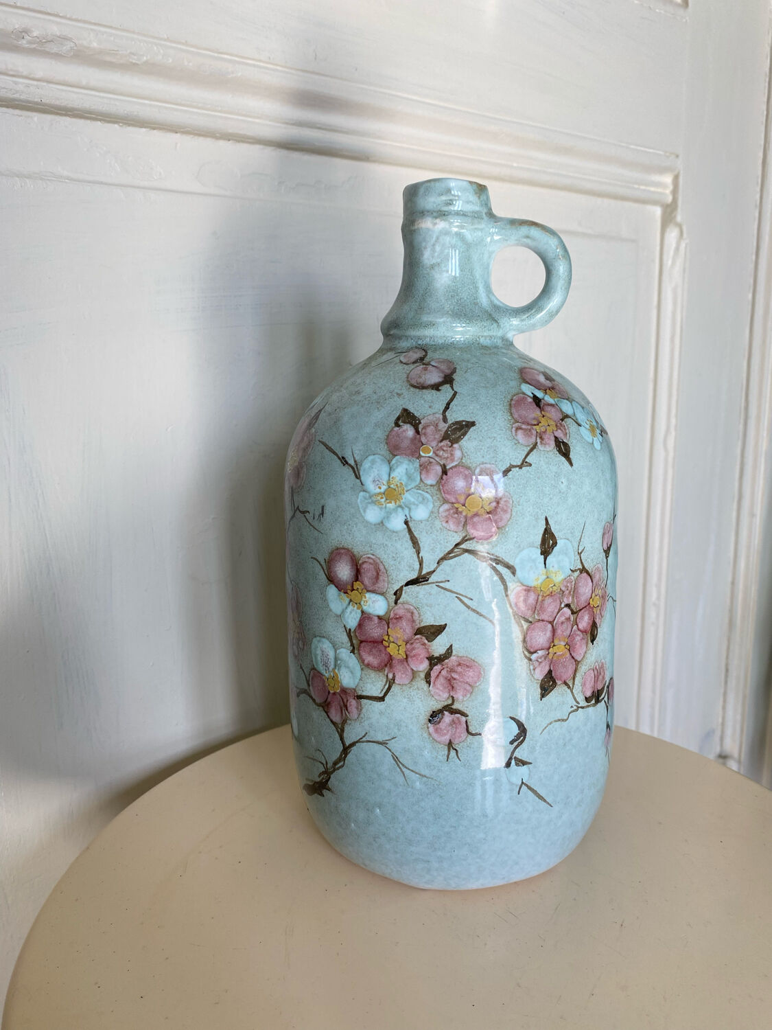 Signed ceramic bottle vase, cherry blossoms, 70s
