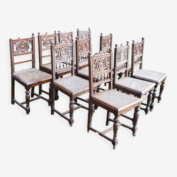 Set of 10 old wooden chairs & canning Henri II style