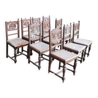 Set of 10 old wooden chairs & canning Henri II style