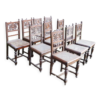 Lot de 10 anciennes chaises en bois & cannage style Henri II