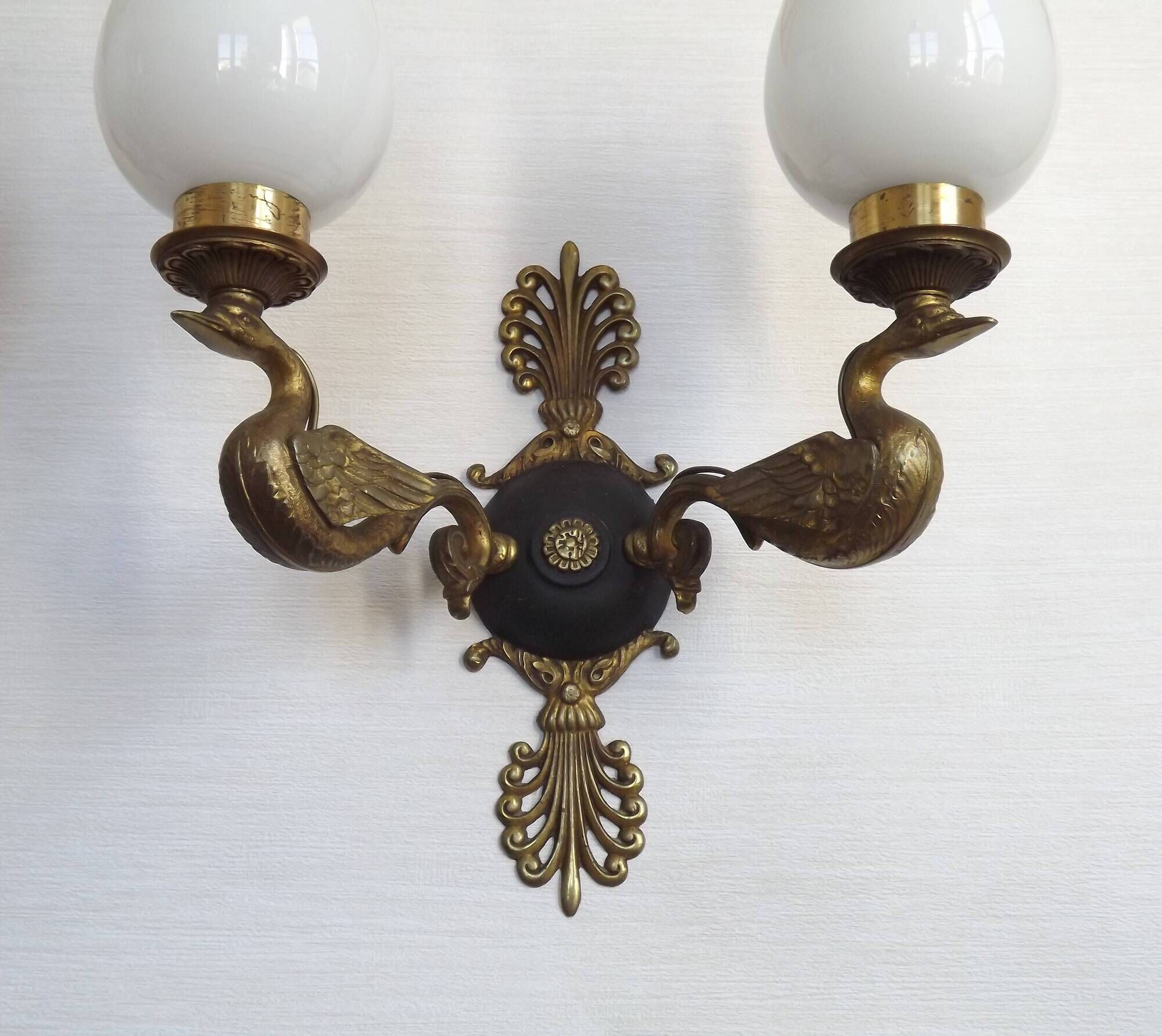 Pair Of Lucien Gau Style Double Swan Wall Lights With Opaque Glass Shades