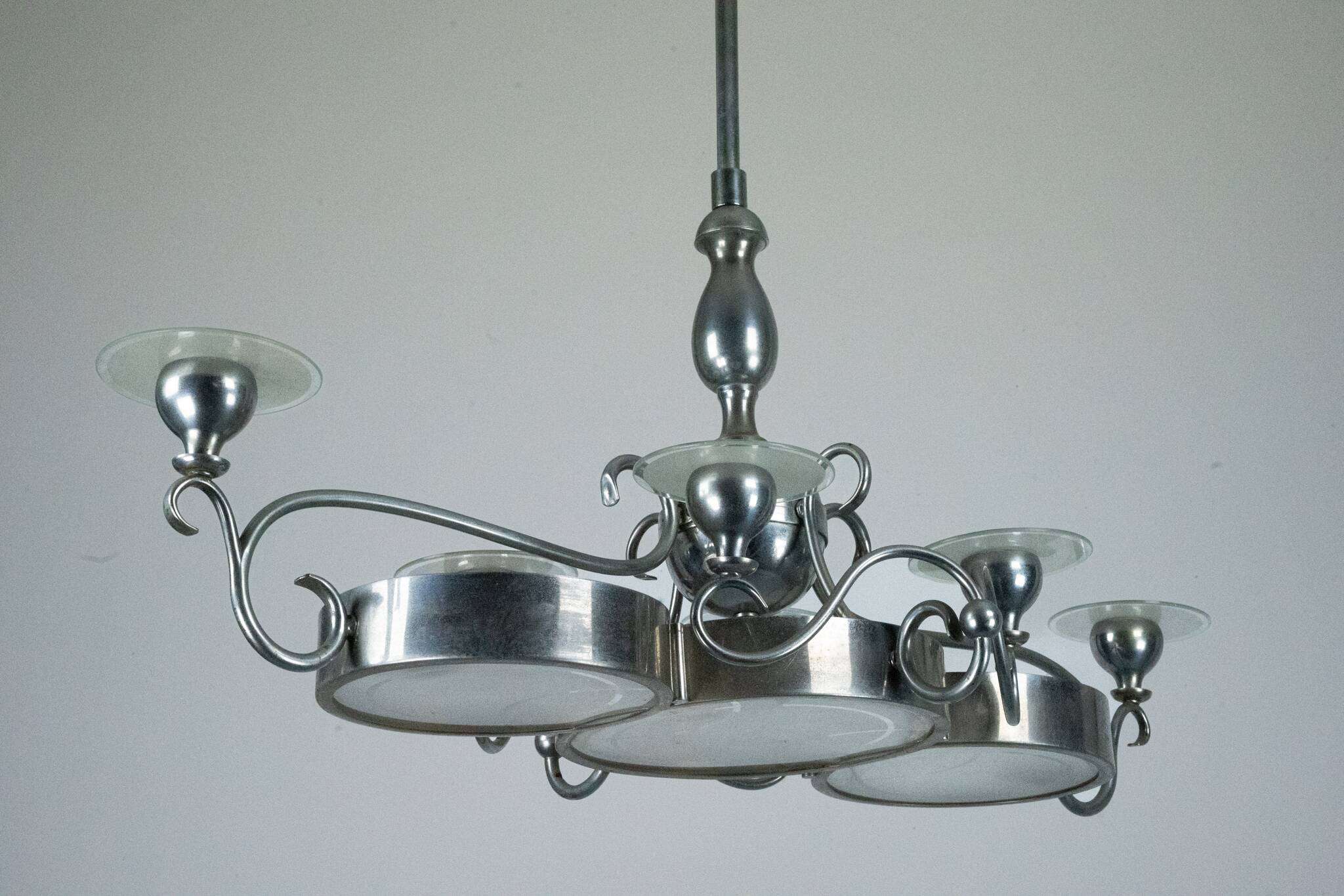 Art Deco Italian Chandelier in Nickel Brass and Frosted Glass, 1930s