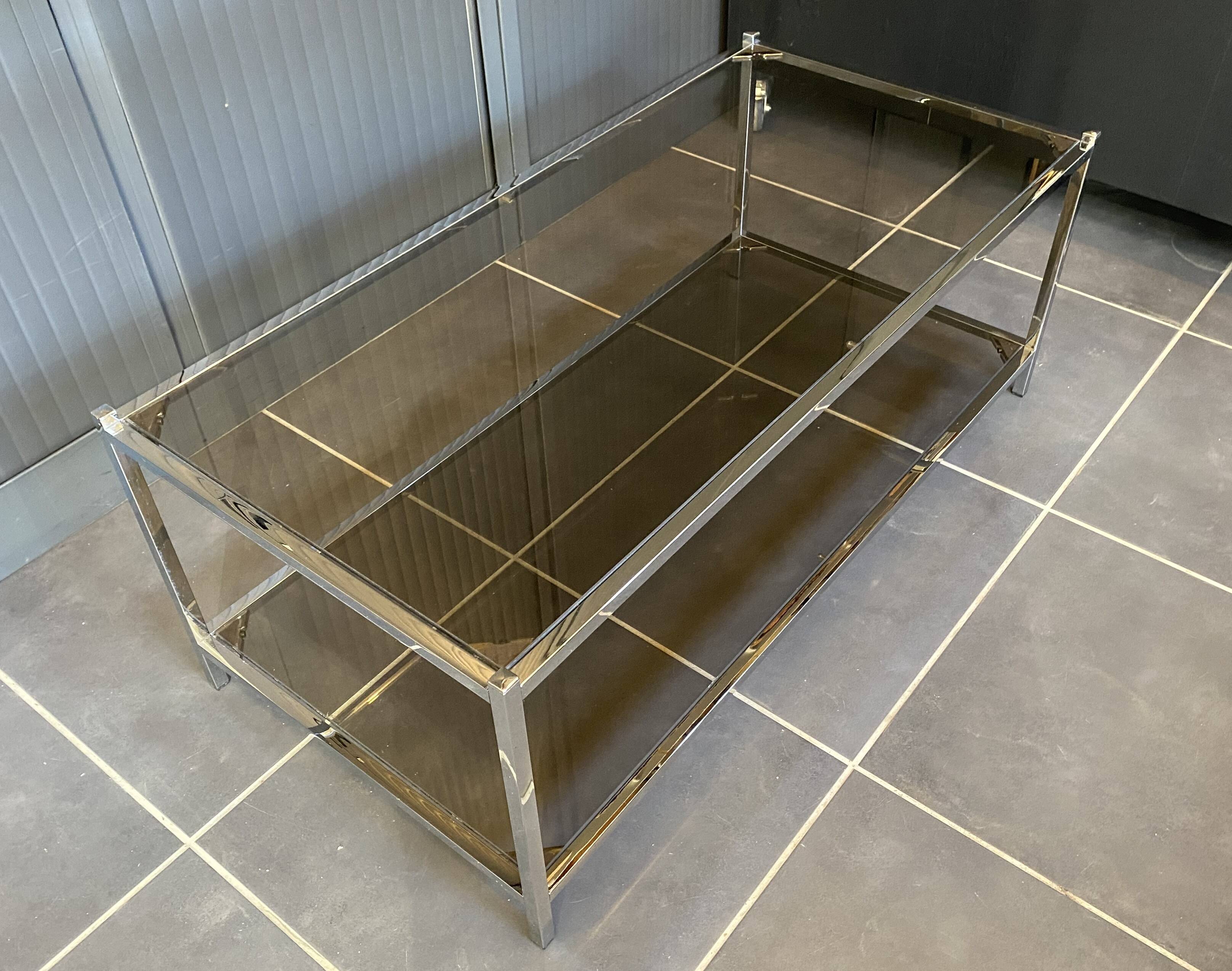 Table basse double plateau verre chrome style Bauhaus vintage 1970