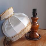 Table lamp foot turned wood, lampshade dome with collar and fringes, 50's years