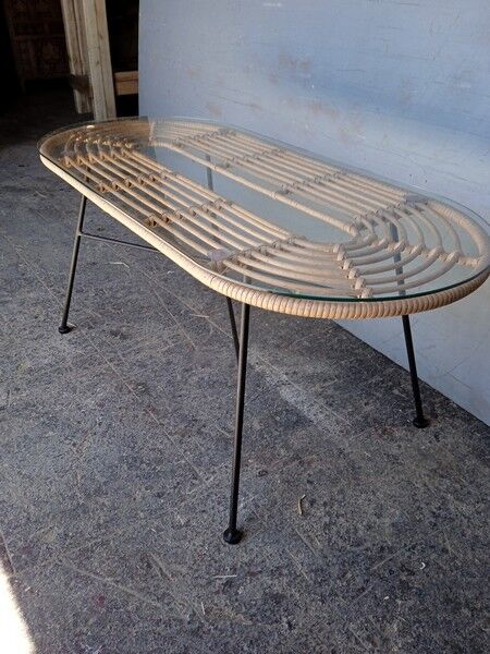 Vintage rattan and metal design coffee table