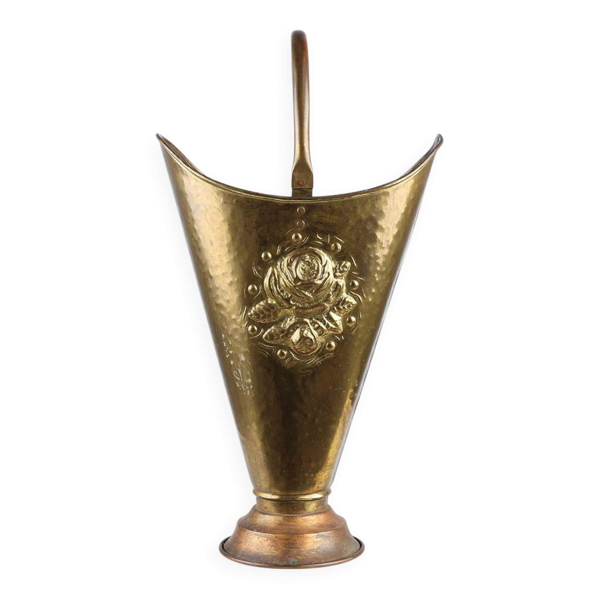 French vintage rustic brass and copper base umbrella stand with embossed decoration