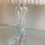 Pair of twisted glass foot bedside lamps and wool/vintage 60s and 70s lampshades