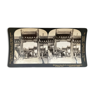 Photographie ancienne stereo, stereograph, luxe albumine 1903 Rue Ha-ta-Men, Pékin, Chine