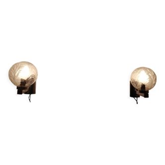 Pair of wall lamps 70 Italy chrome and pressed molded glass