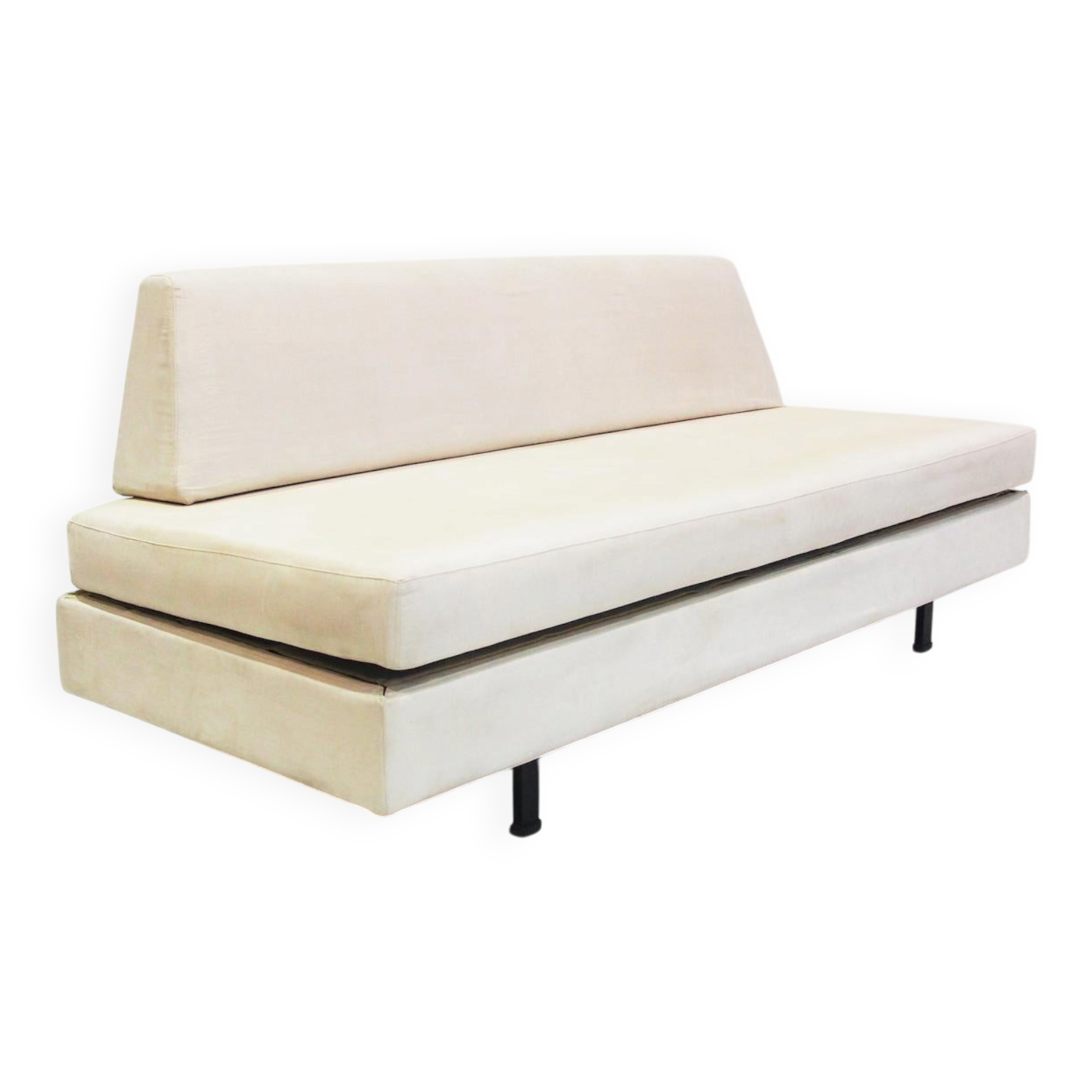 Italian modernist daybed with white upholstery and iron frame.
